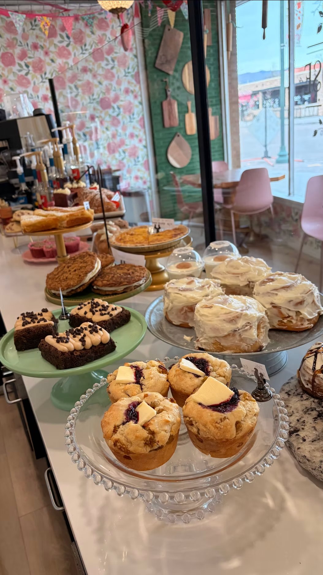 Wild Rose Bake Shop bakery counter loaded with fresh pastries